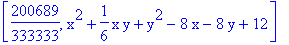 [200689/333333, x^2+1/6*x*y+y^2-8*x-8*y+12]
